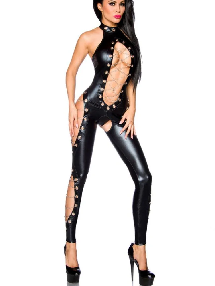 

Women Leather Jumpsuit Catsuit Open CortchBodysuit Steampunk Cat Suit Costume