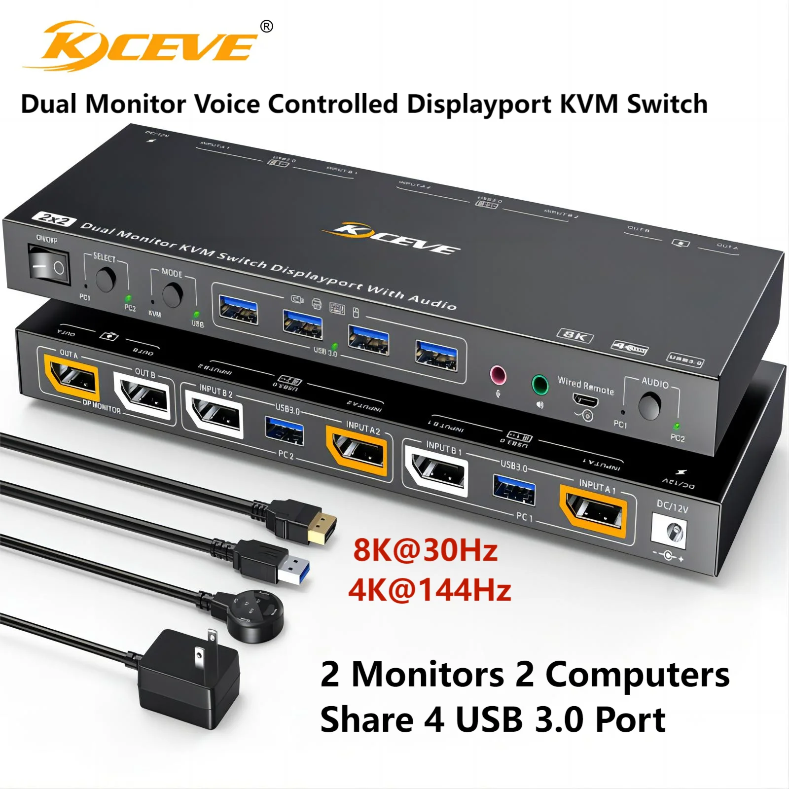 

KCEVE Dual Monitor KVM Switch 2 Monitors 2 Computers 8K 4K,Voice Controlled Displayport KVM Switch with Audio and 4 USB 3.0 Port