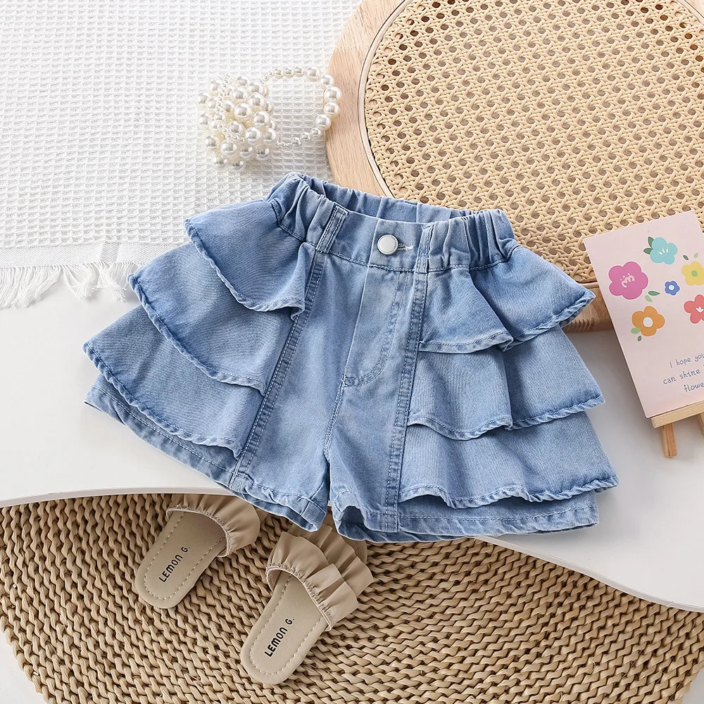 

Children's Summer Girls' Outerwear Denim Shorts Japanese Korean Version New Stylish Thin Cake Lace Skirt Pants