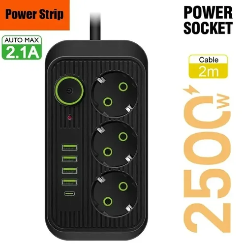 EU 플러그 AC 콘센트 멀티탭 소켓 익스텐션 코드 전기 멀티탭, USB C 타입 고속 충전 네트워크 필터 어댑터 포함, 2m