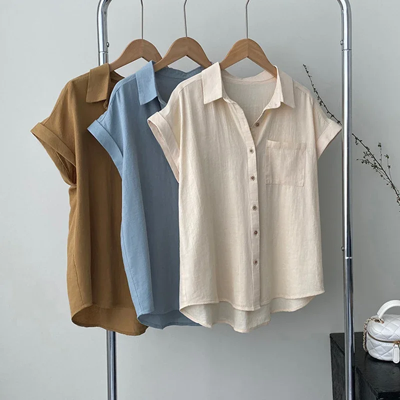

Korean Short Sleeve Office Shirt Ladies Summer Single Breasted Chiffon Shirts Women Solid Color Pocket Blouse Womens Tops