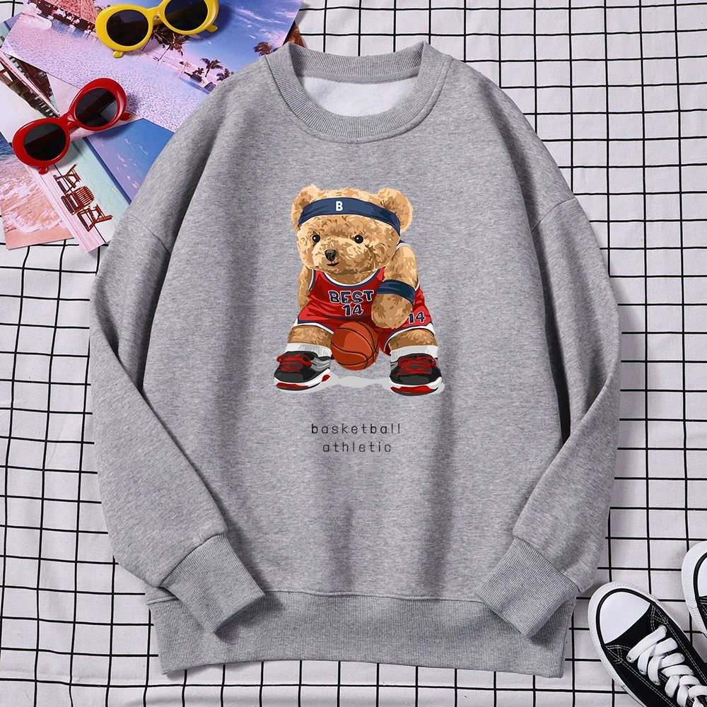 Casualpullovers For Women No Best14 Teddy Bear Basketball Athletic Print Hoodies Loose Crewneck Sweatshirts Warm Fleece Tops