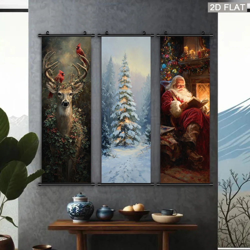 VIKAMA Winter Snow Christmas Scroll Tapestry, Santa Claus and Reindeer Wall Hanging, Decorative Fabric Poster, Home Decor