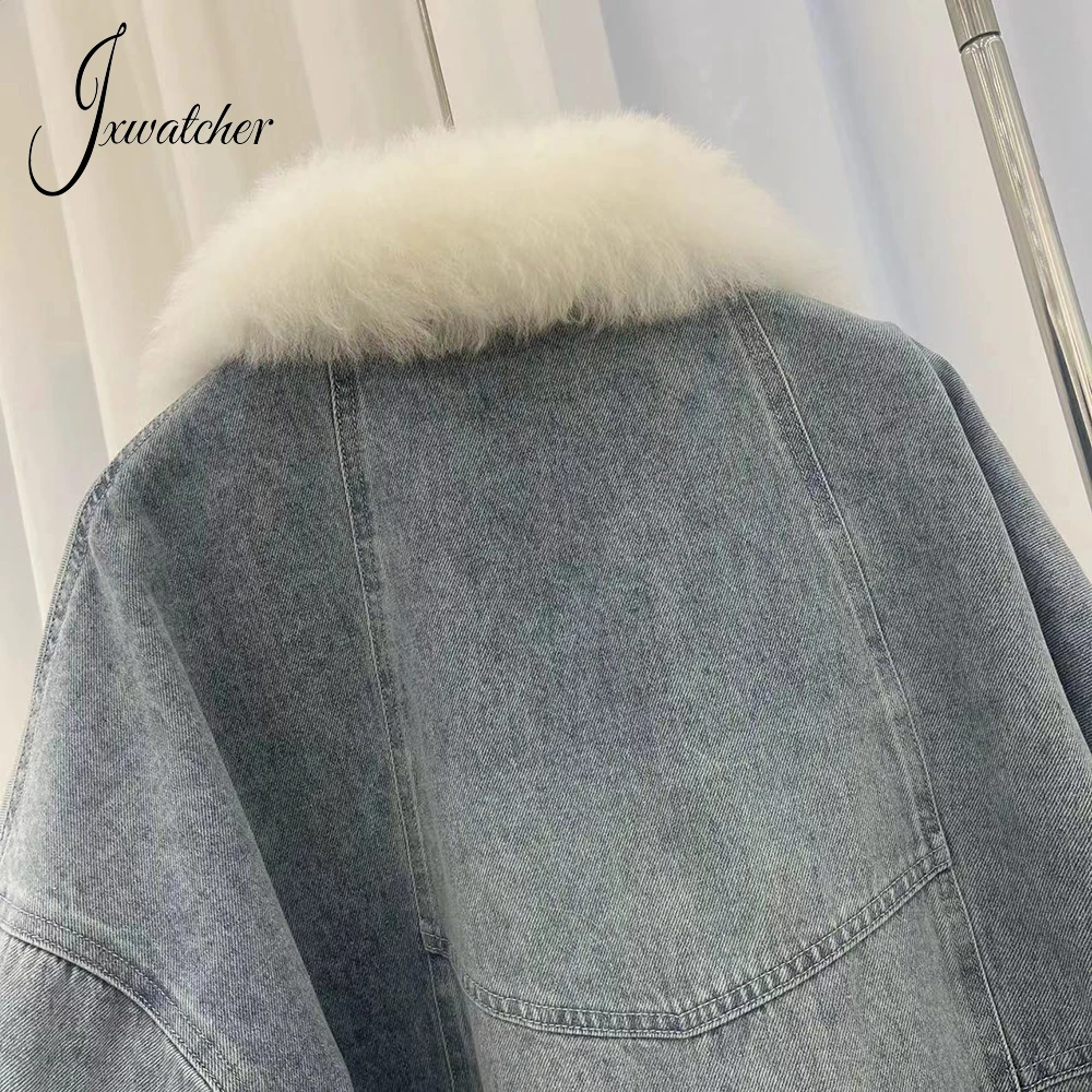 Jxwatcher Women\'s Down Jacket Real Lamb Fur Turn-Down Collar Down Coat Lady Winter Warm Denim Jacket with Down Liner New Arrival