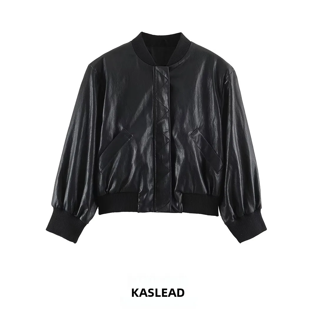 KASLEAD New Women's Leather Effect Padded Shoulder Pilot Jacket Coat Short Sleeve Zipper Closure Polyester Fiber 2026 Autumn
