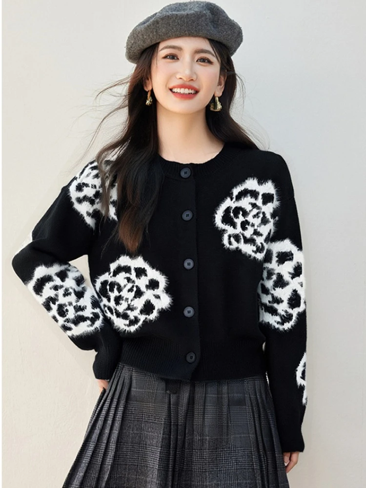 

Flower Jacquard Knit Sweater Pullover Women Autumn Winter Elegant Vintage Fashion Long Sleeve O-neck Knitwear Tops Ladies Jumper