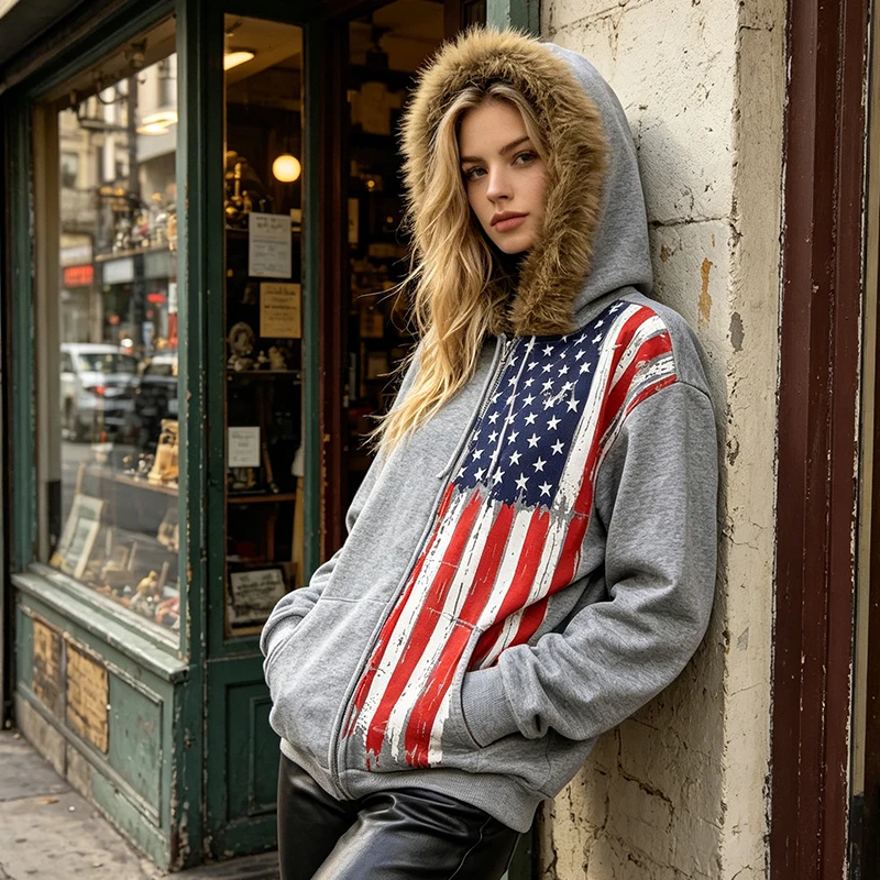 

Модная уличная одежда: Американский винтажный кардиган с принтом старого флага, свободный худи на молнии с длинными рукавами, женское плюшевое пальто с декоративной строчкой