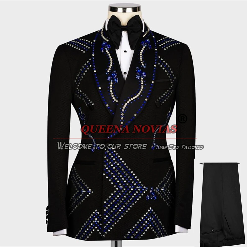 Luxury Beaded Wedding Suits For Men Fashion Male Prom Party Blazers Outfits 2 Pieces Sets Groom Tuxedos Slim Fit Costume Homme