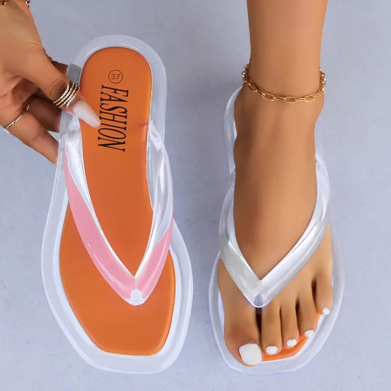 2024 Summer New Solid Color Sexy Clamp Feet Open Toe Outwear Large Slippers for Women Comfortable Flat Shoes for Women's