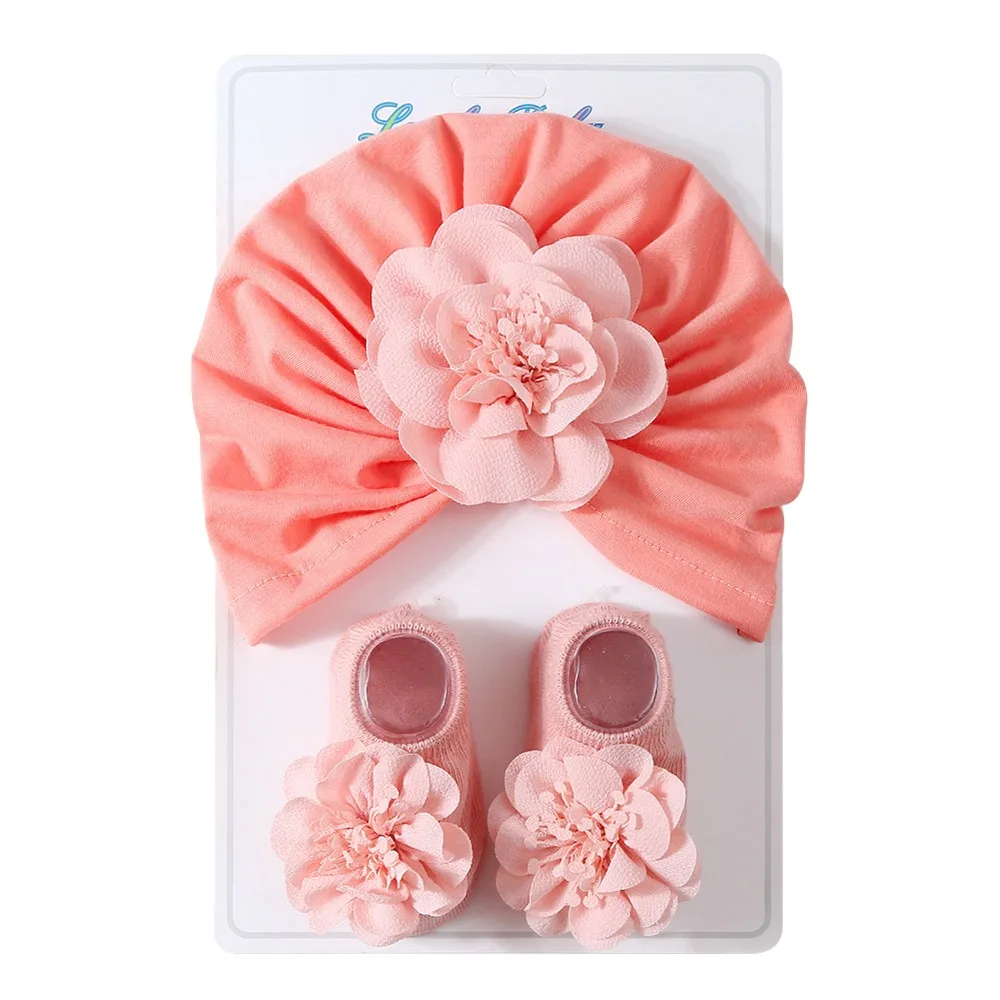 

2Pcs/set Spring Summer Flower Baby Cap Socks Set Thin Elastic Turban Hat Cute Floral Breathable Infant Caps for Newborn Girls