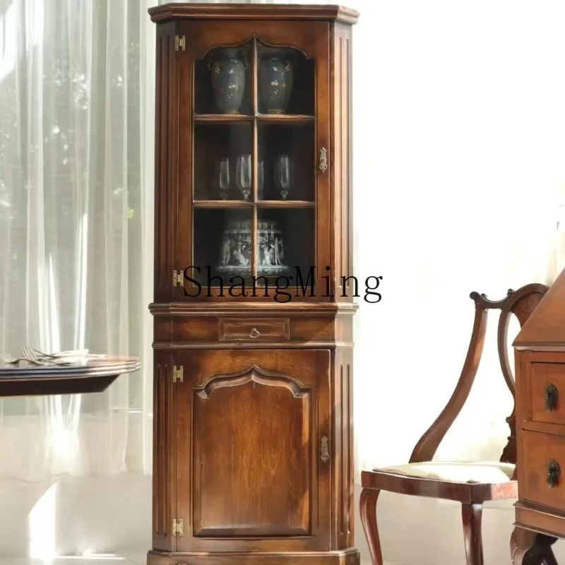 

SM Home Retro Solid Wood Corner Cabinet Storage Glass Door Restaurant Corner Wall Cabinet Dust Display Wine Cabinet