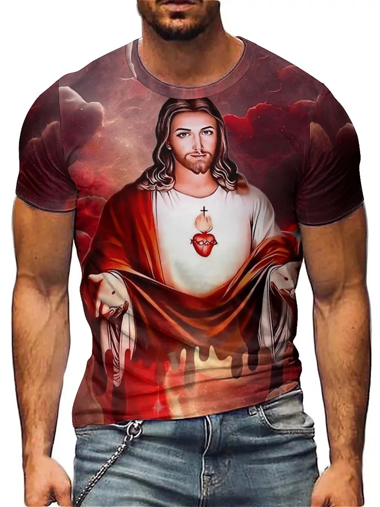 تي شيرت برسومات يسوع ثلاثية الأبعاد للرجال - أحمر وأبيض، كاجوال، بوليستر مريح، ملابس لجميع المواسم، نمط الحفلات والرياضة