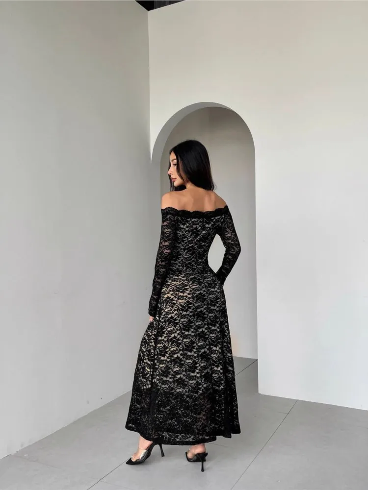 Sukienki koronkowe na studniówkę damskie, modny krój z odkrytymi ramionami, długi rękaw, seksowna sukienka maxi, elegancka, prosta, modna, dopasowana sukienka na imprezę, vestidos
