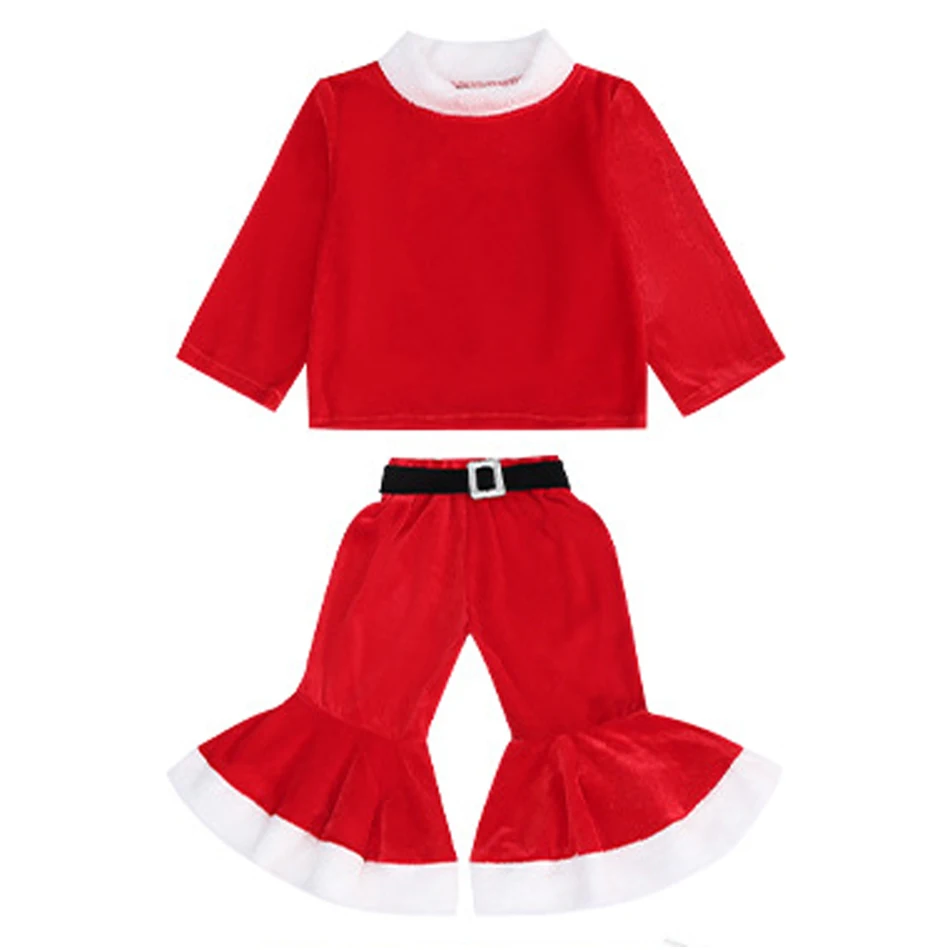 Kids Christmas Costume Sets Baby Girls Xmas Santa Claus Clothes Long Sleeve Top Bell Bottom Pants Hat New Year Toddler Outfits