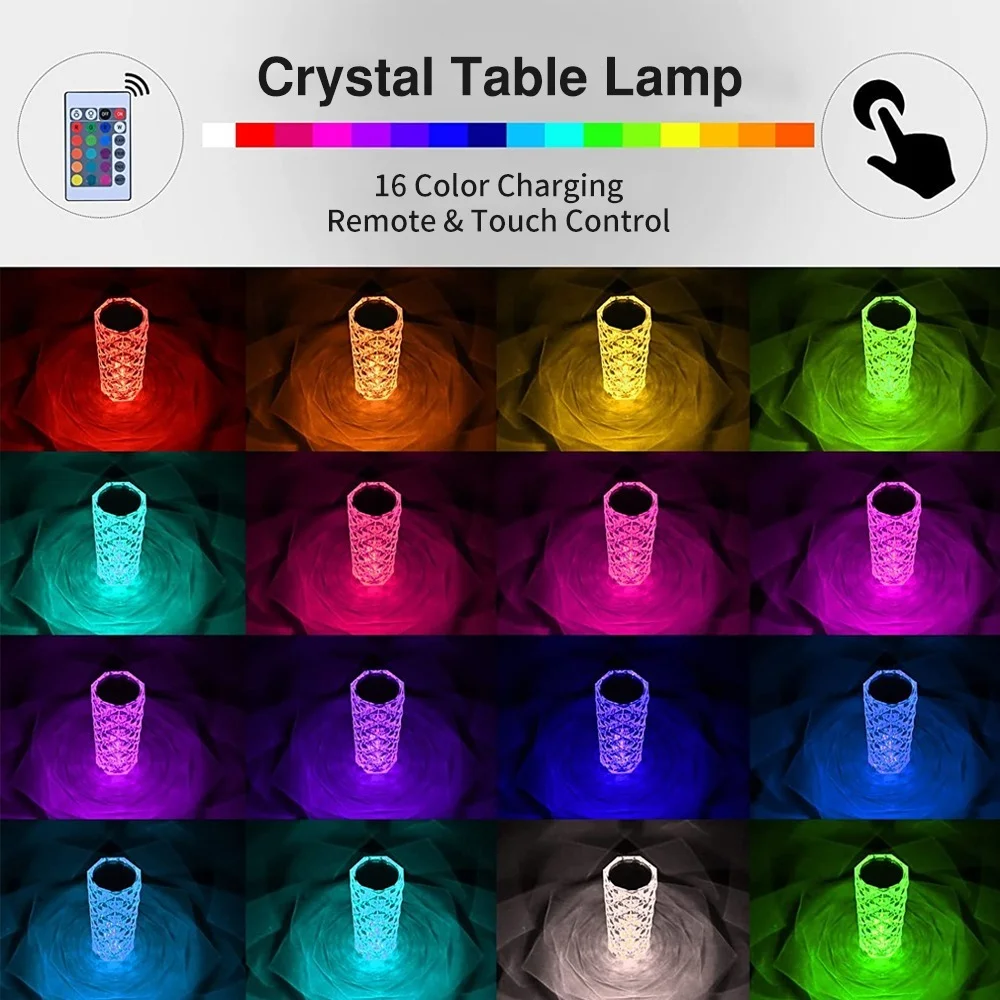 Imagem -05 - Led Lâmpada de Mesa Cristal Rosa Luz do Projetor 16 Cores Toque Ajustável Romântico Diamante Atmosfera Luz Toque Usb Luz da Noite