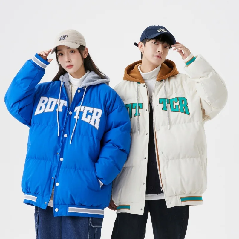 Winter Loose Baseball Down Coat Men Thicken Harajuku Fake-two Vintage Hooded Parkas Causal Puffer Jacket Oversized Couple Coats