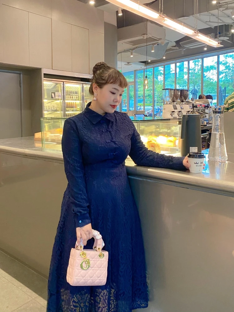 

Ele plus Size Lace Dr Chinese Sle Spring Autumn Winter High Waist A-Line Skirt Long Sve Collar Slimming Qipao