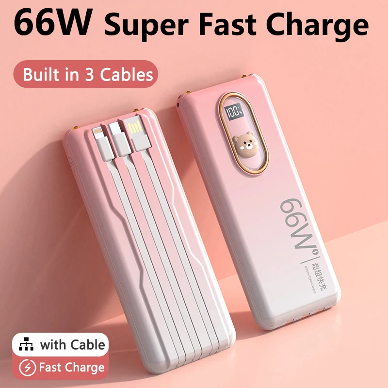 

Power Bank 30000mAh Built in Cable 66W Fast Charging Portable Charger Powerbank for iPhone Huawei Xiaomi External Spare Battery