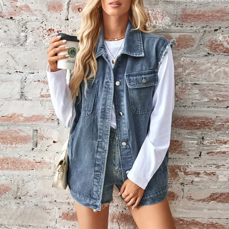 

Raw Trim Washed Denim Vest Women Spring Fall Single Breasted Oversize Sleeveless Vest Jacket Pockets Casual Outerwear