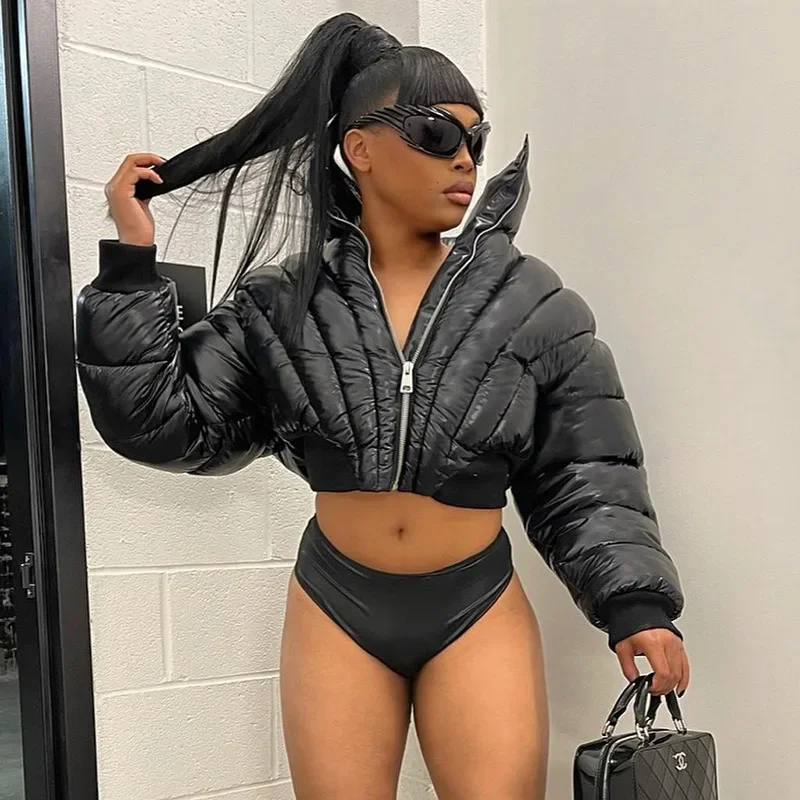 Vestes bouffantes à épaules larges pour femmes, vêtements d'extérieur, mode marron, taille haute, manteaux Slim, couleur unie, col montant court, vêtements chauds pour femmes