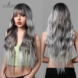 EASIHAIR Ombre Silver Gray Blonde Long Natural Wavy Synthetic Wig with Bang for Women Daily Cosplay Party Natural Heat Resistant