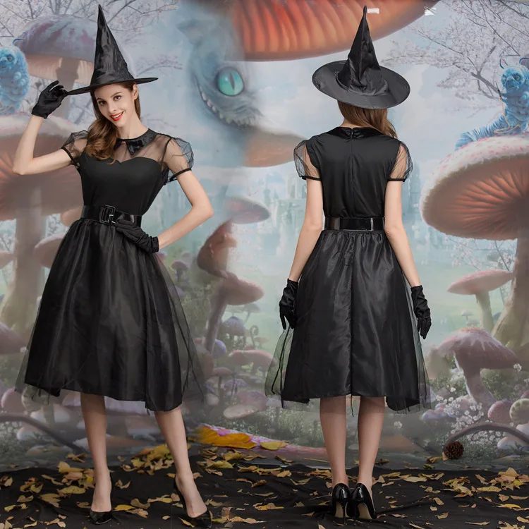 

Sexy Black Hollow out Witch Costume Mesh Performance Clothes Halloween Party Theme Magic Girl Cosplay Outfit Women's Fashion