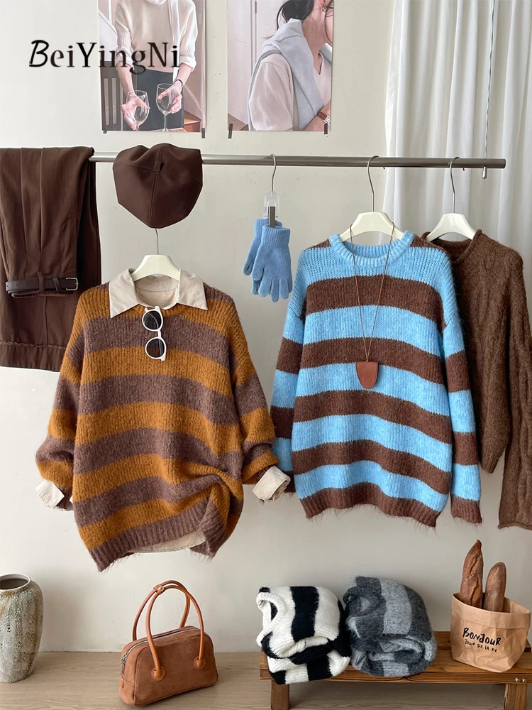 

Beiyingni Korean Striped Oversized Sweaters Women Vintage Autumn Winter French Warm Knit Tops Woman's Streetwear Fashion Jumper