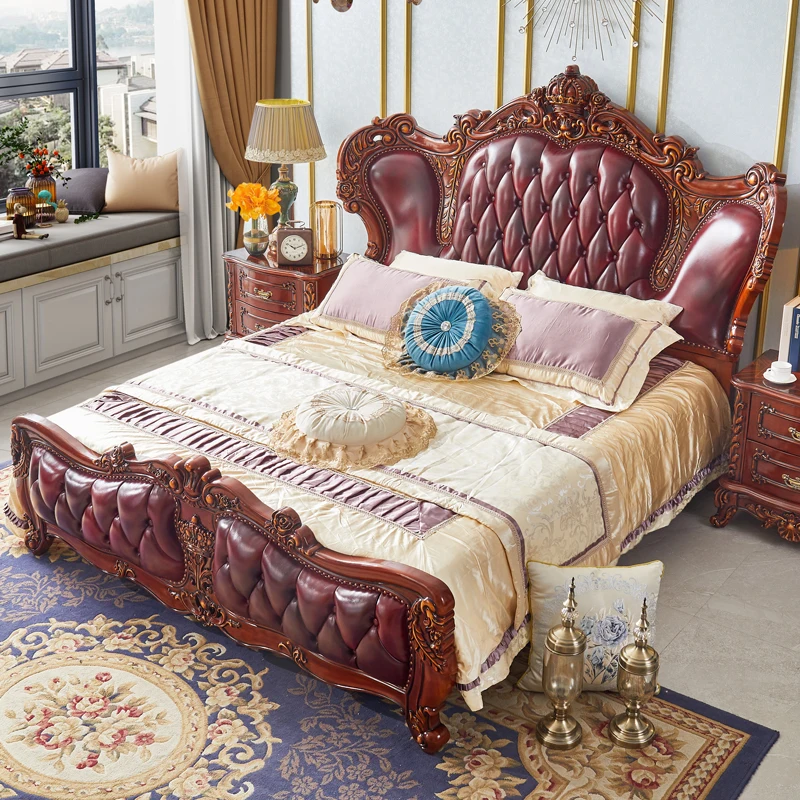 

European-style solid bed leather double bed American antique color carved can store the first layer of cowhide bed 1.8m.