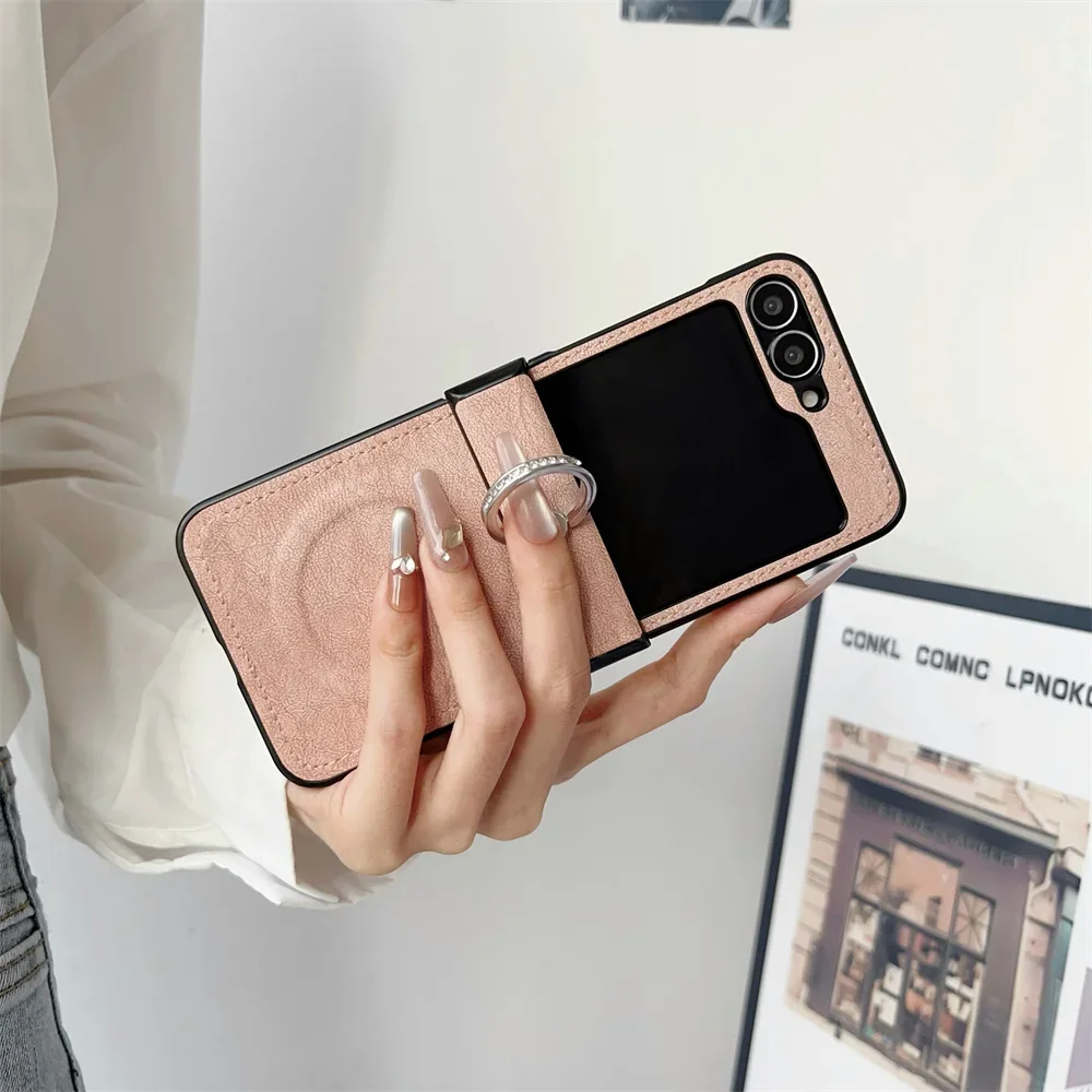 Luxury Skin Feel Magnetic Bracket Phone Case For Samsung Galaxy Z Flip 7 Flip 6 5 4 3 Diamond Ring holder Hinge Protection Cover