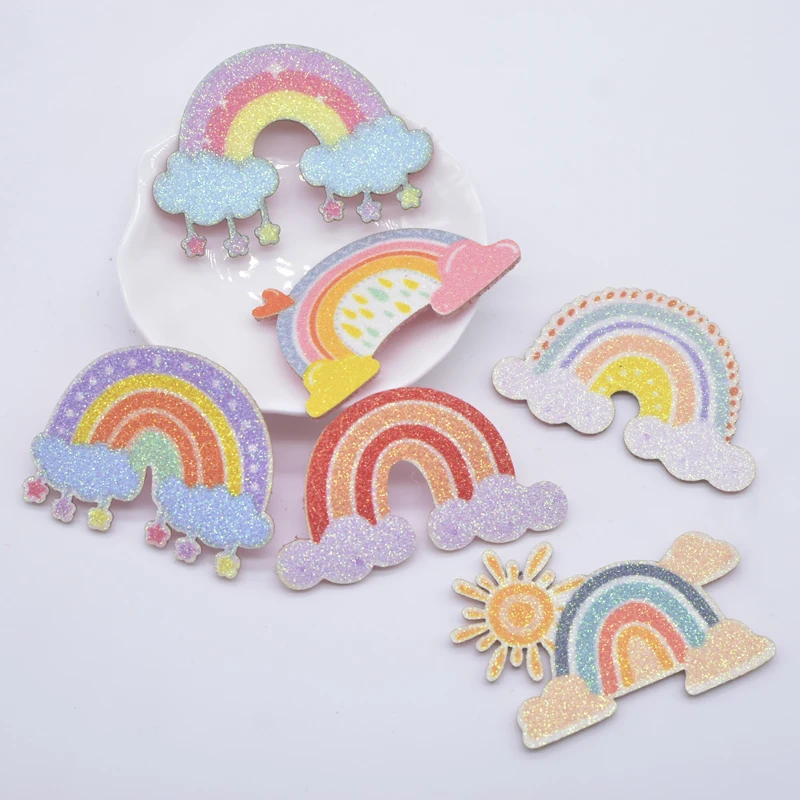 12Pcs Glitter Print Appliques Rainbow for DIY Crafts Cake Topper Handmade Headwear Hair Clips Bow Decor Hat Sewing Patches