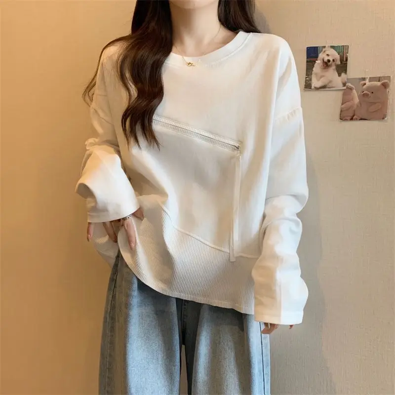 Casual Patchwork Asymmetrical Pullovers Female Clothing Commute Round Neck 2024 Spring Autumn Stylish Zipper Solid Color T-shirt