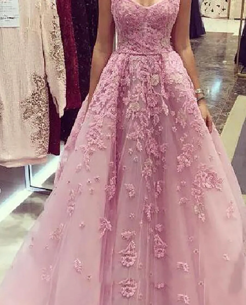 ชุดราตรีสีชมพู ปี 2023 สำหรับผู้หญิง งานเลี้ยงกลางคืน งานพิธีการ ดีไซน์หรูหรา คอวี ทรงเอไลน์ ประดับดอกไม้ ผ้าทูลล์ ชุดราตรียาว