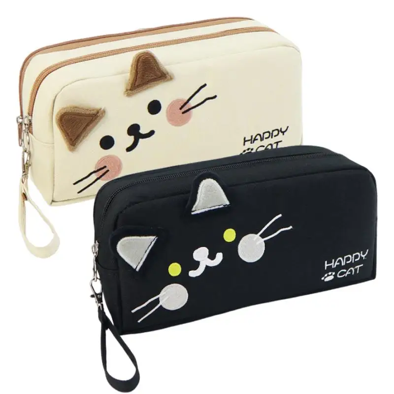 Pencil Holder Case Cute Embroidered Cat Pen Storage Bag Pencil Case School Stationery Containers Makeup Cosmetics Organization