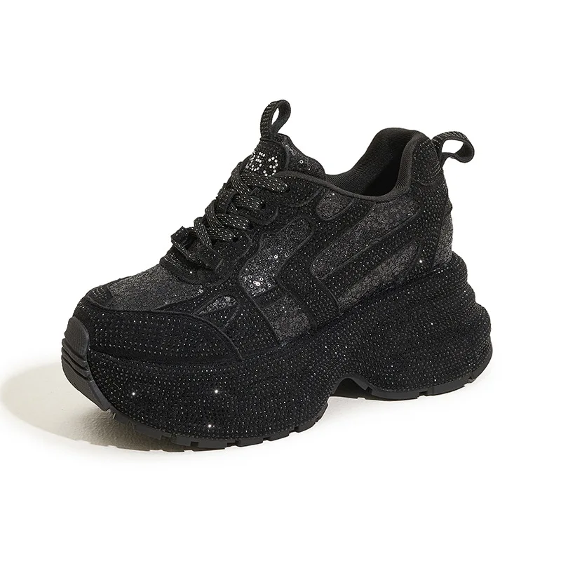 

Новые женские кроссовки на массивной платформе 8 см, осенняя мода 2025, с блестящими стразами, на толстой подошве, женские кроссовки на высокой платформе
