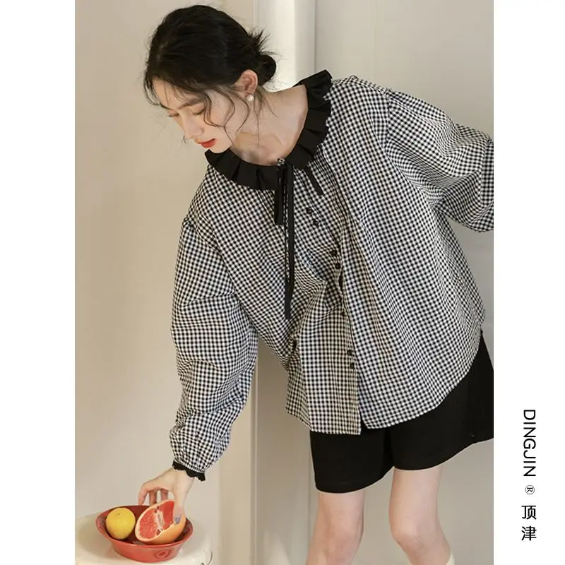 Plaid Patchwork Lacing Shirt Tops Long Sleeve Button All-match Youth Vintage Blouse Spring Autumn Sweet Fashion Women Clothing