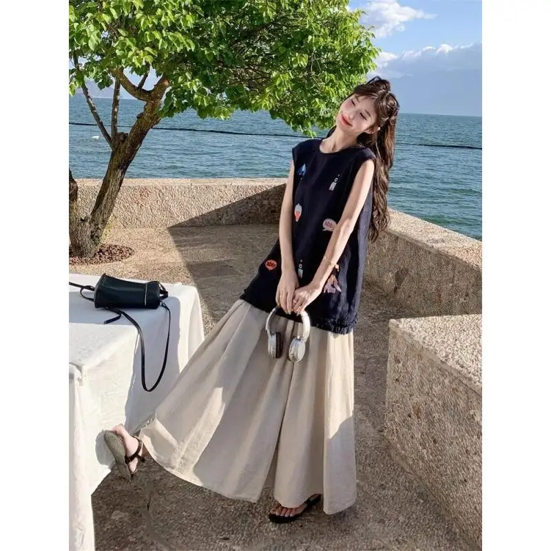 

Women's Suit Fashion Two Piece Set Sleeveless Vest Top And Skirt Summer 2025 New Style Design Print Loose Slimming For Women