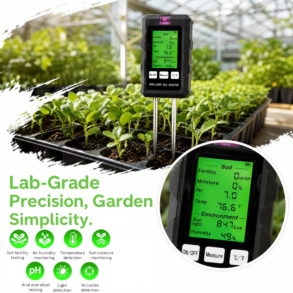 6-in-1 Soil Tester Meter Soil Fertility PH Moisture Light Temperature Detector Dual ℃/℉ Backlight Screen for Garden Farm Greenhouse Plant Care