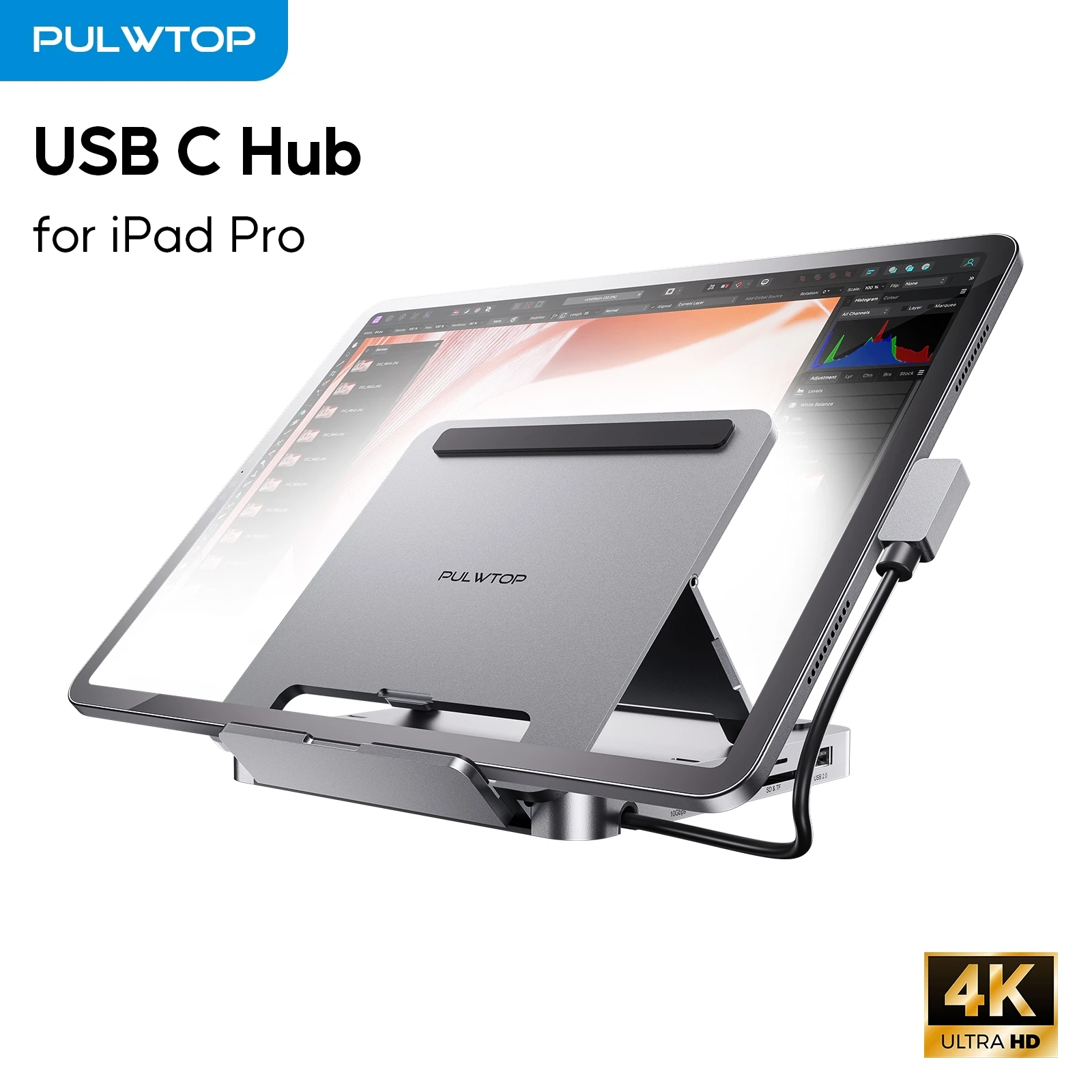 PULWTOP IPad USB C Docking Station, With 4K HDMI, PD 100W,Support M.2 NVMe SSD, Foldable Stand Base for iPad, MacBook, Windows