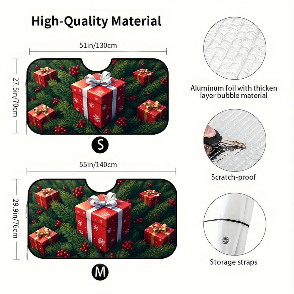 1pc, Holiday Presents Cheerful Red Design Car Windshield Sun Protector, Collapsible Sun Shield, Maintains Your Vehicle'S Coolnes