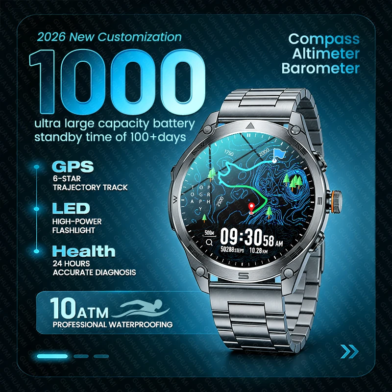 

2026 Men Customized Outdoor Sports Smart Watch GPS Compass 1000mAh Battery 10ATM Waterproof Bluetooth Call Military Smartwatches