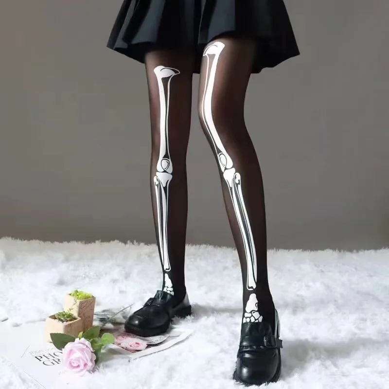 Collants de mode Sexy squelette Legging discothèque Bar bas Halloween crâne os collants noirs pour femmes jeunes filles
