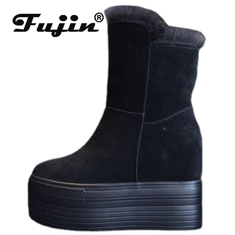 Fujin 10cm 12cm New Suede Genuine Leather Platform Wedge Winter Plush Women Boots Slip on Spring Warm Ankle Booties Autumn Shoes