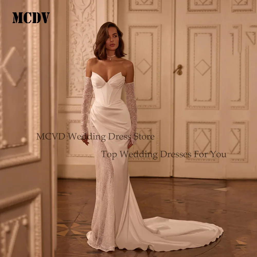 

MCDV Ivory Strapless Wedding Dresses Mermaid Detachable Sleeve Shiny Bride Gowns Backless Train Vestidos De Noiva Customized