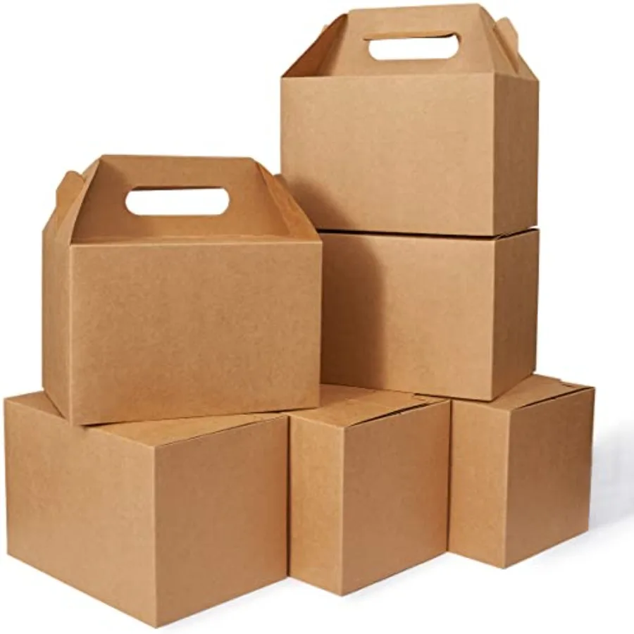 

50 Count Large Gift Boxes with Handles Kraft 9x6x6 Gable Gift Boxes Party Favor Boxes Barn Style Carry Out Box Recyclable Lunch
