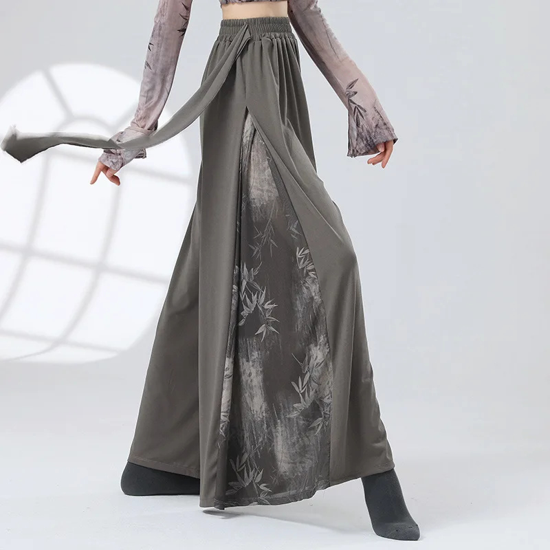 Modern Classical Dance Ink Ruffles Top Performance Practice Costume Yoga Flowing Bamboo Leaf Printing Cheongsam Wide Leg Pants