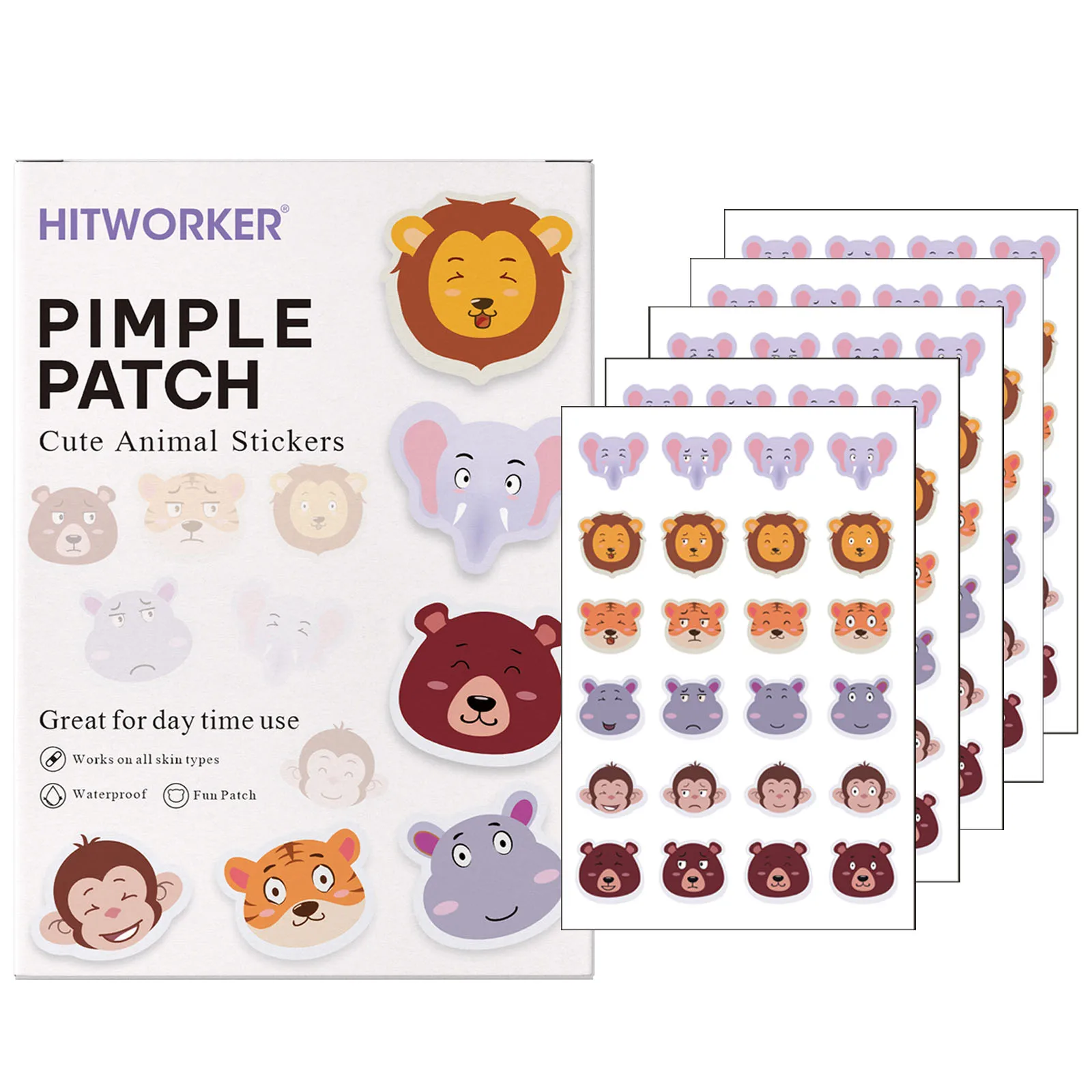 120PCS Cute Animal Pimple Patches Cartoon Elephant Lion Tiger Bear Monkey Face Blemish Cover Stickers Waterproof Skin Care Patc
