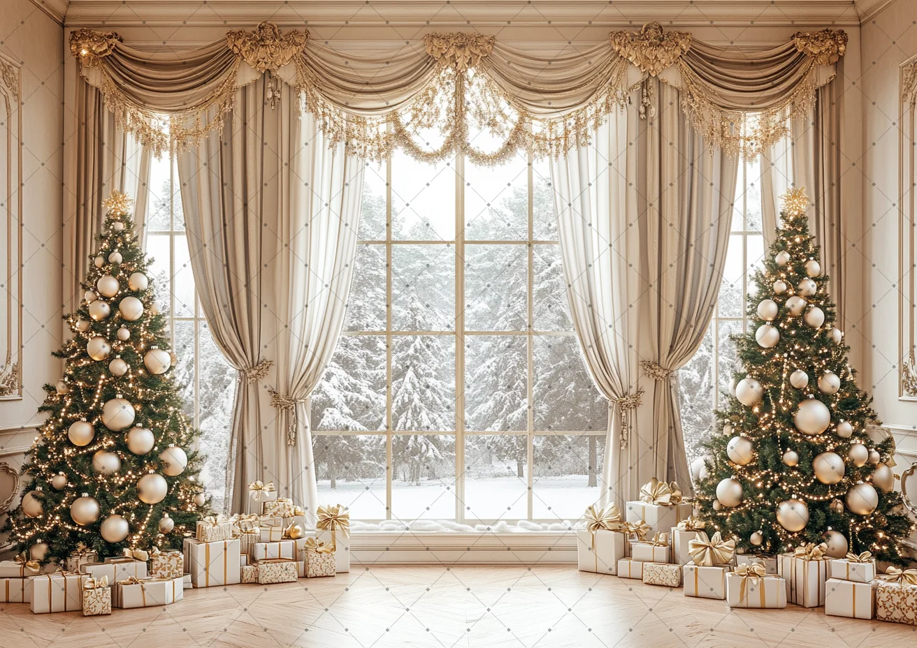 Curtain Window Christmas Photo Backdrop Xmas Tree Gift Box Snow Forest View Winter Family Portrait Studio Background Prop
