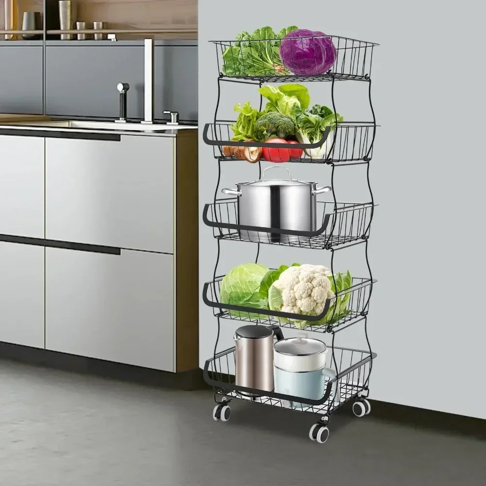 Modern 5-Tier Kitchen Storage Trolley - Rolling Fruit and Vegetable Basket with Water Catching Tray for Efficient Organization