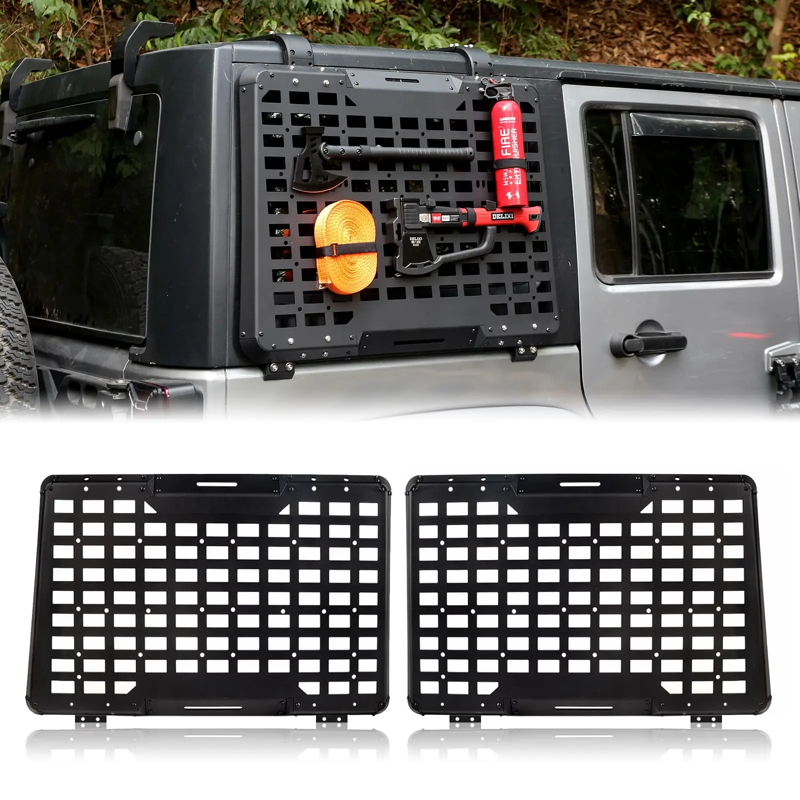 Rear L & R Window Storage Molle Panel Tactical Organizer Kit Car Window Protection For Jeep Wrangler JK 2007-2018 4-Door
