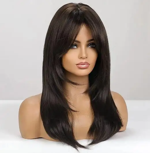 Shoulder Black Brown Layered Synthetic Natural Hair Wigs for Women Straight Daily Women's Wig with Curtain Bangs Heat Resistant